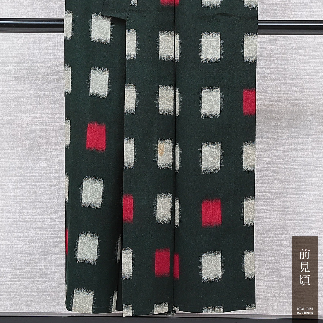 アンティーク お召 単衣 身丈149cm 裄丈61cm 正絹 Cランク XSサイズ バチ衿 肩当て 抽象柄 緑系 1265-15562