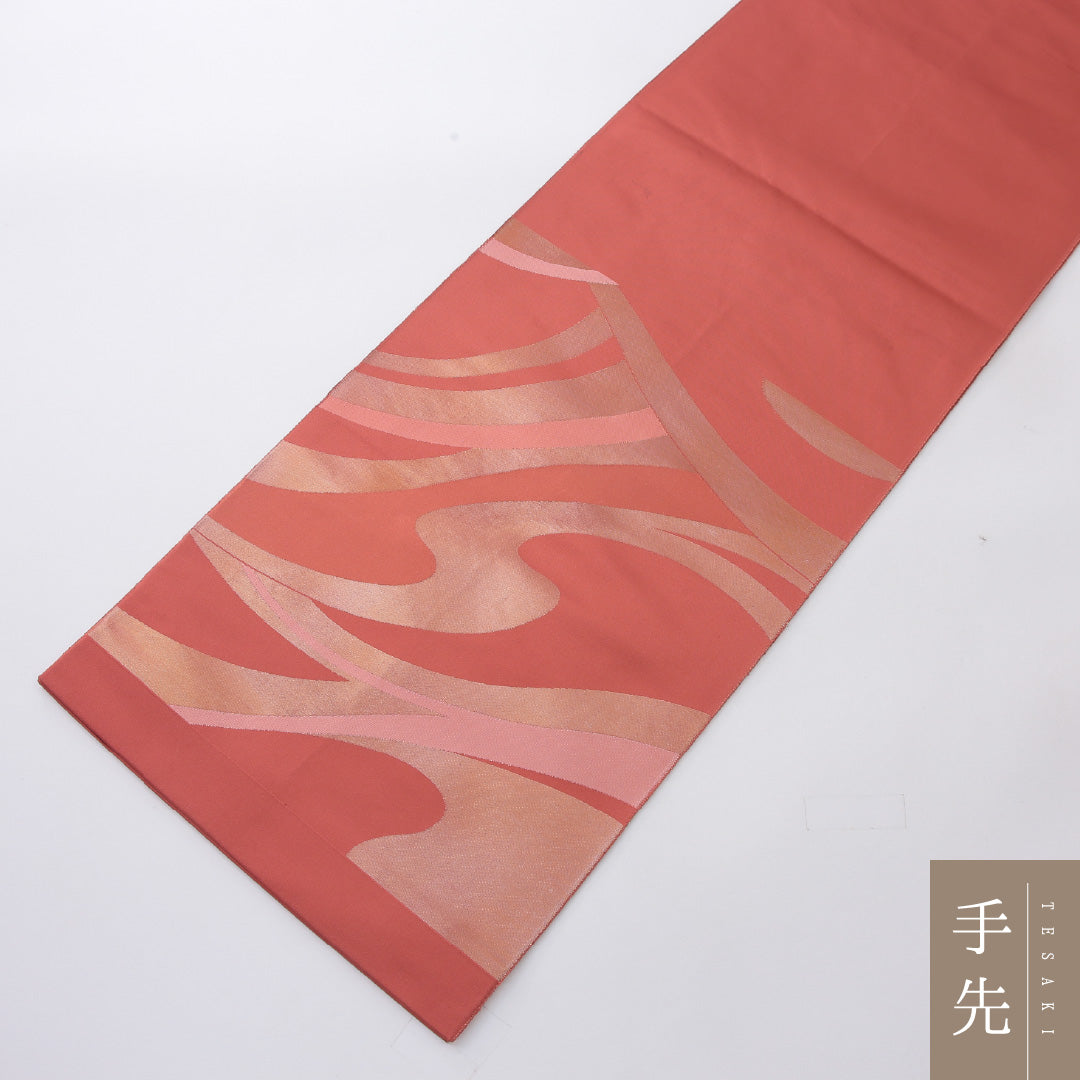 袋帯 帯丈436cm 正絹 六通 帯芯なし セミフォーマル 綴れ織 創作柄 ピンク系 1243-02199