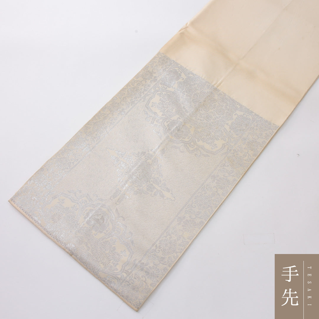 袋帯 帯丈412cm フォーマル 六通 帯芯なし Cランク 正絹 宝相華 クリーム系 1223-02233