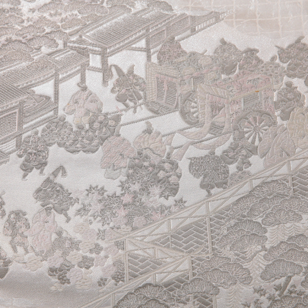 袋帯 帯丈436cm 正絹 六通 フォーマル 平安絵巻 御所解 吉祥文様 銀系 白系 1243-01965