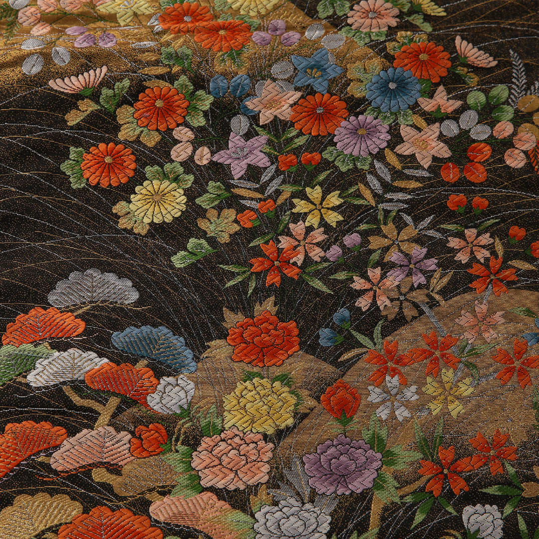袋帯 帯丈424cm フォーマル 六通 Sランク 正絹 菊 笠松 黒系 金系 1223-01904
