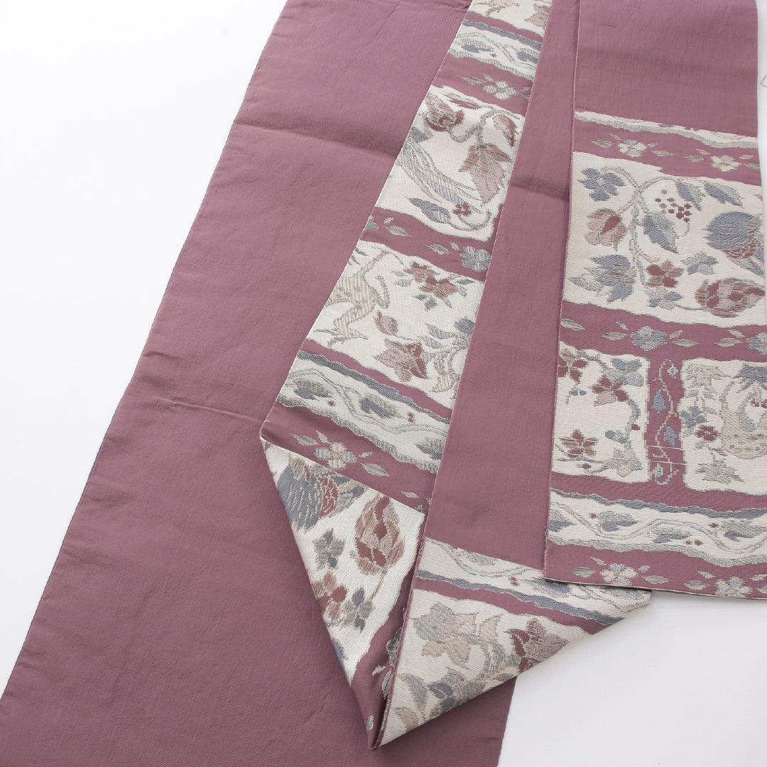 八寸名古屋帯 帯丈355cm カジュアル 名古屋仕立て 六通 帯芯なし Cランク 正絹 鷹 花柄 ピンク系 クリーム系 1224-03998