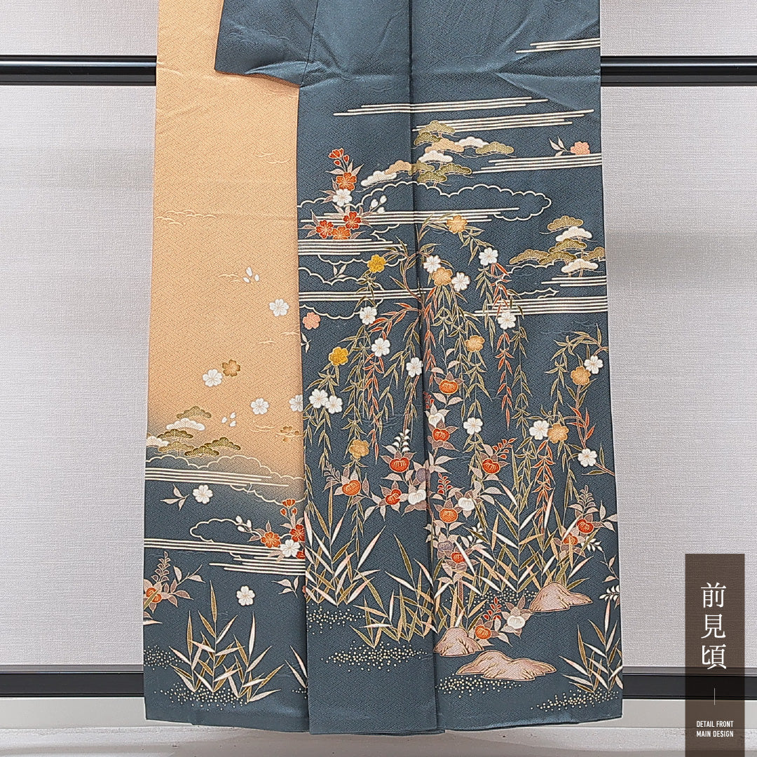 訪問着 袷 身丈157cm 裄丈62cm 正絹 Sランク 紋意匠 (紗綾型) セミフォーマル 広衿 Mサイズ 金駒刺繍 雲取り 桜 松 紺系 RP 1217-15746