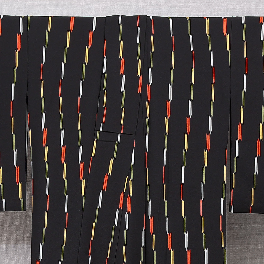 小紋 袷 身丈168cm 裄丈65cm 正絹 Sランク XLサイズ 広衿 インフォーマル 縞 黒系 多色系 1215-15485