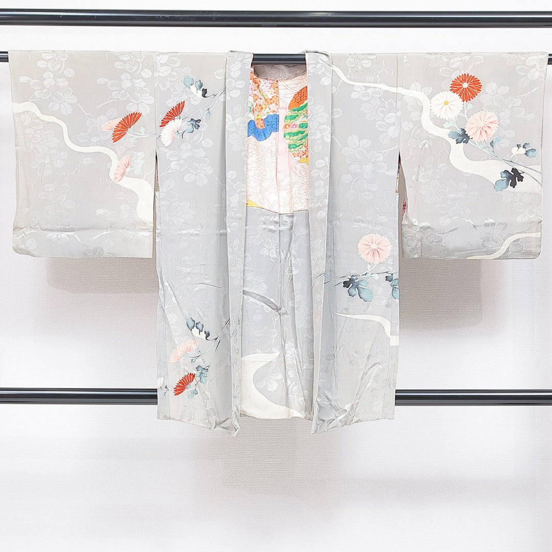アンティーク 羽織 袷 身丈84cm 裄丈65cm 正絹 Cランク Mサイズ 菊 グレー系 1217-16806