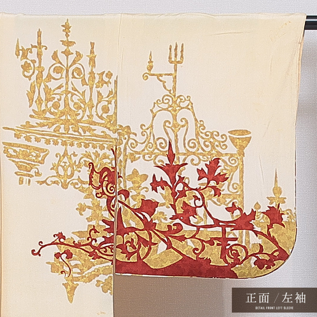 訪問着 袷 身丈146cm 裄丈63cm 正絹 Cランク セミフォーマル 広衿 XSサイズ 洋館文様 クリーム系 LP 1217-15976