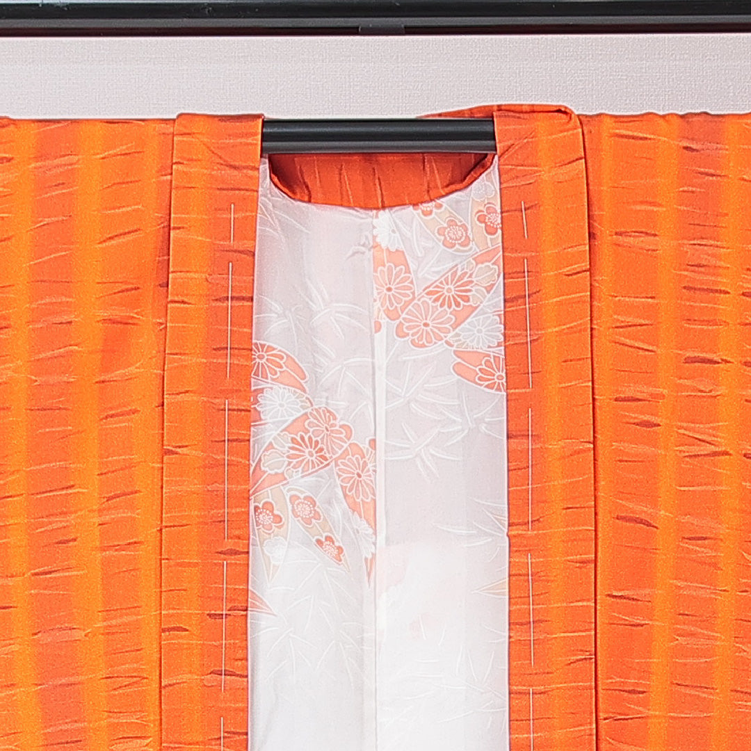 羽織 袷 身丈78cm 裄丈65cm 正絹 Sランク Mサイズ カジュアル 縞 朱系 1217-15120