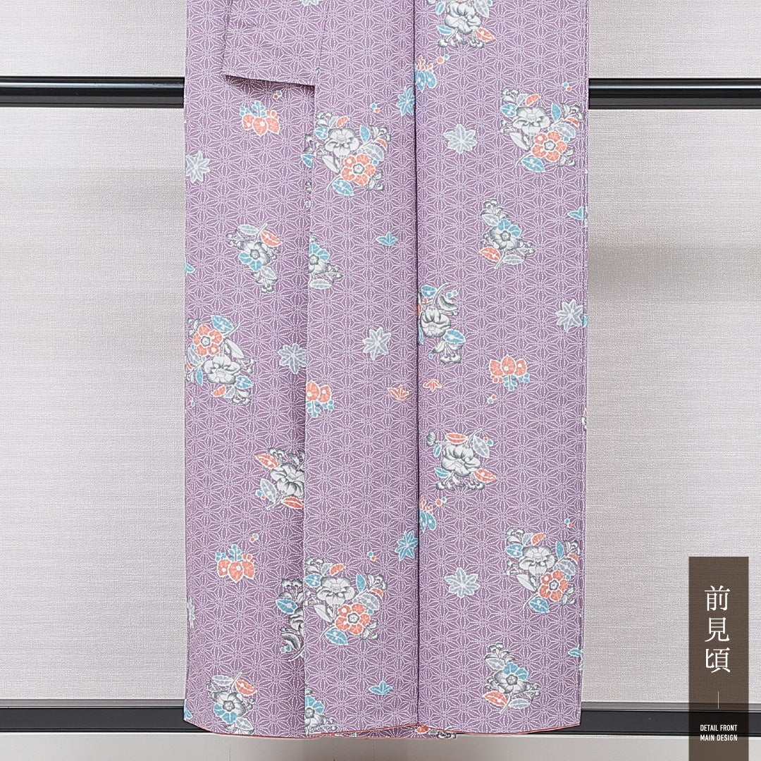 洗える着物 小紋 袷 身丈152cm 裄丈62cm ポリエステル Aランク インフォーマル 広衿 Sサイズ 椿 紫系 RP 1221-15843