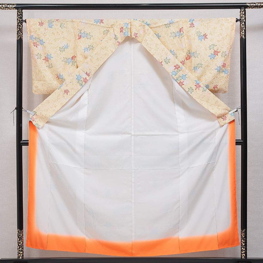 洗える着物 小紋 袷 身丈157cm 裄丈64cm ポリエステル Aランク インフォーマル 広衿 Mサイズ 紅葉 楓 黄系 RP 1221-16352