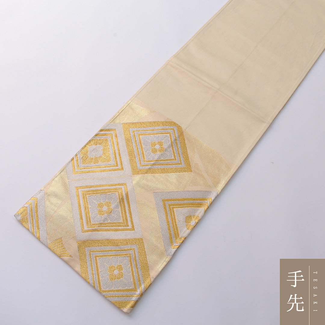 袋帯 帯丈420cm 正絹 六通 フォーマル 花菱 吉祥文様 金系 1243-01946