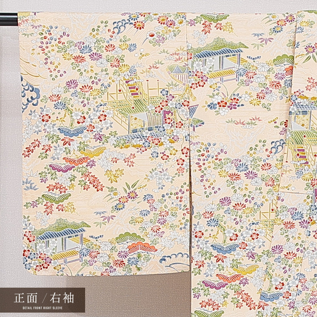 未使用品 小紋 袷 身丈165cm 裄丈64cm 正絹 Nランク インフォーマル バチ衿 XLサイズ 御所解 紅葉 クリーム系 RP 1221-15376