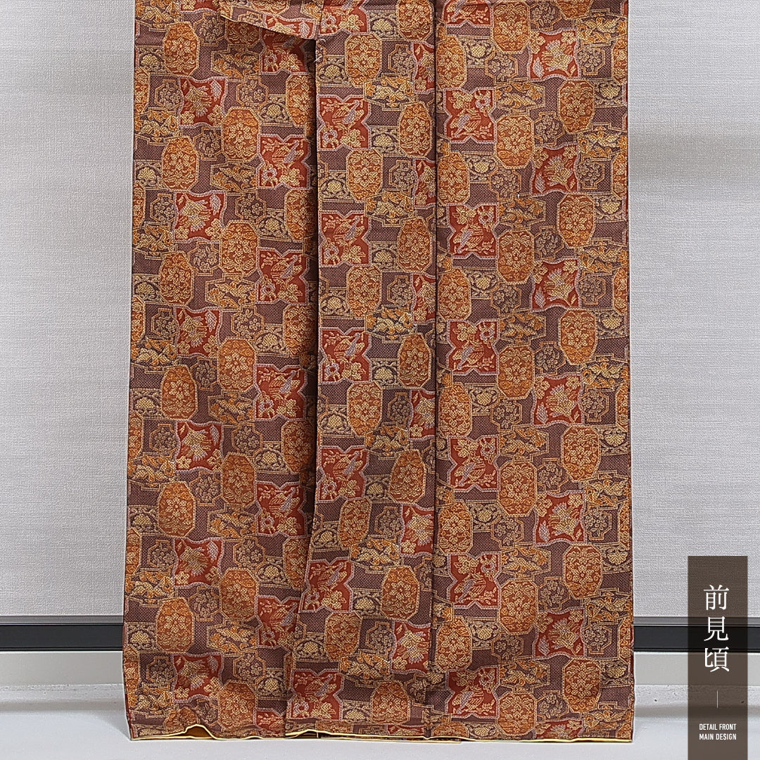 小紋 袷 身丈165cm 裄丈64cm 正絹 Aランク インフォーマル 広衿 XLサイズ 鳥 花柄 茶系 RP 1221-15934