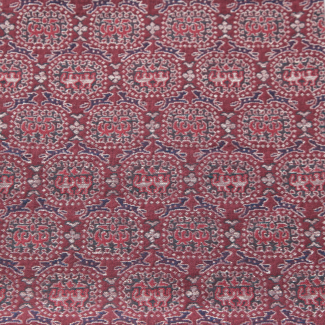 九寸名古屋帯 帯丈328cm カジュアル 名古屋仕立て 六通 Sランク 正絹 名物裂 赤系 1224-04183