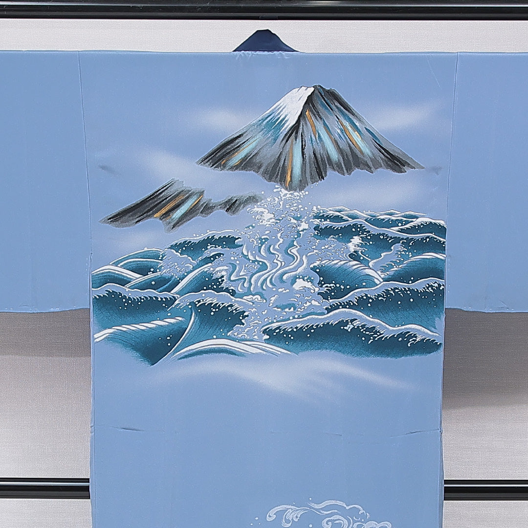 長襦袢 男性用 単衣 身丈136cm 裄丈69cm 正絹 Sランク Mサイズ 富士山 波 青系 RP 1241-15428