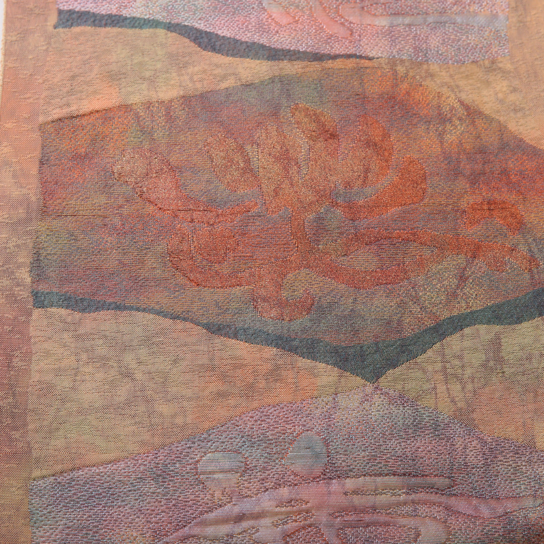 八寸名古屋帯 帯丈358cm カジュアル 名古屋仕立て 六通 帯芯なし Sランク 正絹 創作柄 ベージュ系 1224-03497