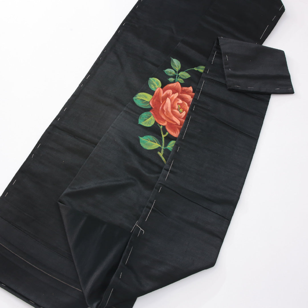 アンティーク 九寸名古屋帯 帯丈259cm 名古屋仕立て ポイント柄 Aランク 正絹 染め帯 ペンテ帯 薔薇 黒系 1224-04149