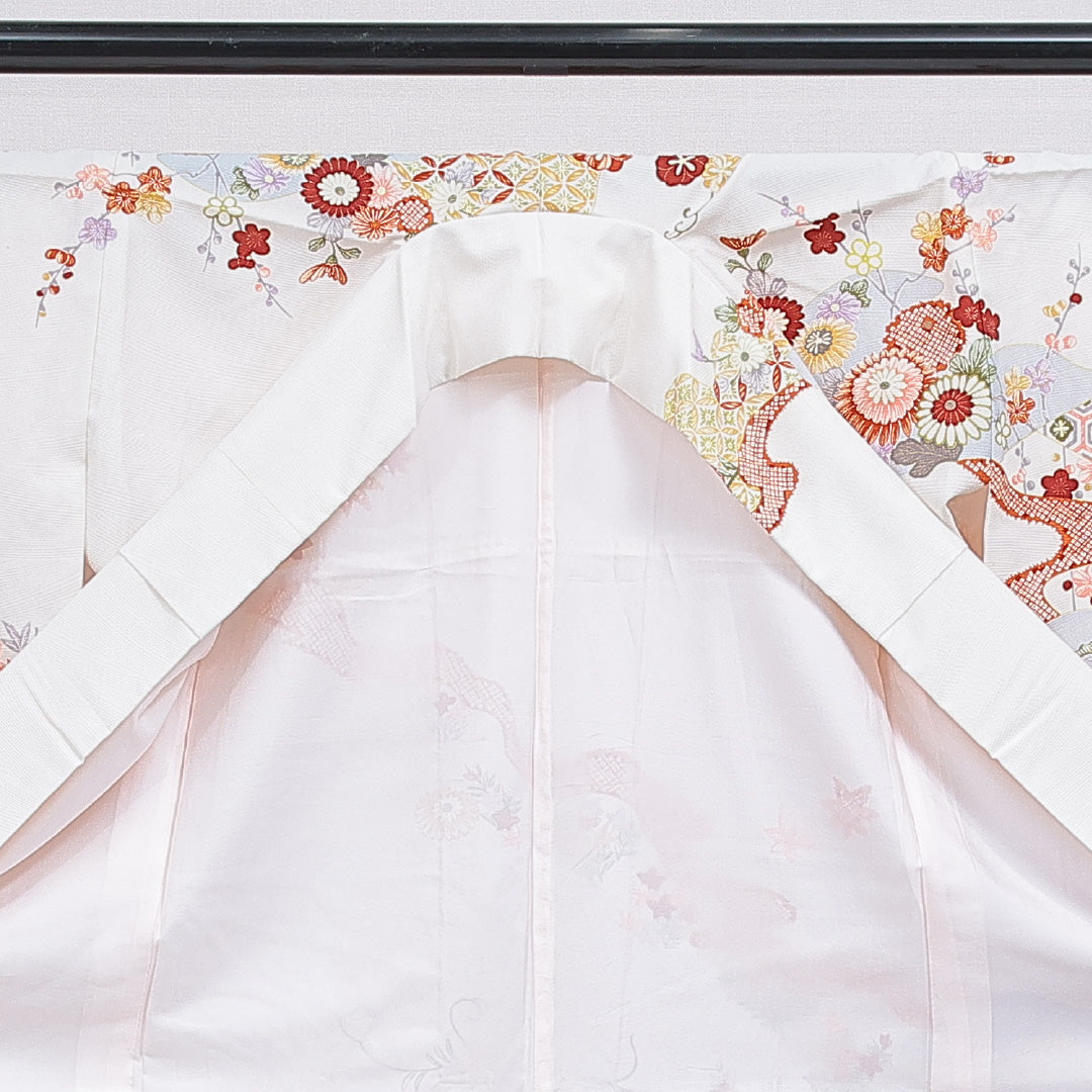 訪問着 洗える着物 袷 身丈158cm 裄丈64cm ポリエステル Aランク Mサイズ 広衿 セミフォーマル 吉祥文様 白系 1212-16264