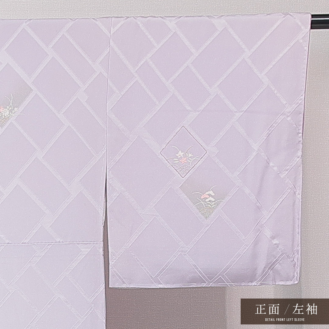 付下げ 袷 身丈156cm 裄丈65cm 正絹 Cランク 一つ紋 (桔梗) セミフォーマル 広衿 Mサイズ 刺繍 金駒刺繍 竜胆 笠松 紫系 HP 1218-15191