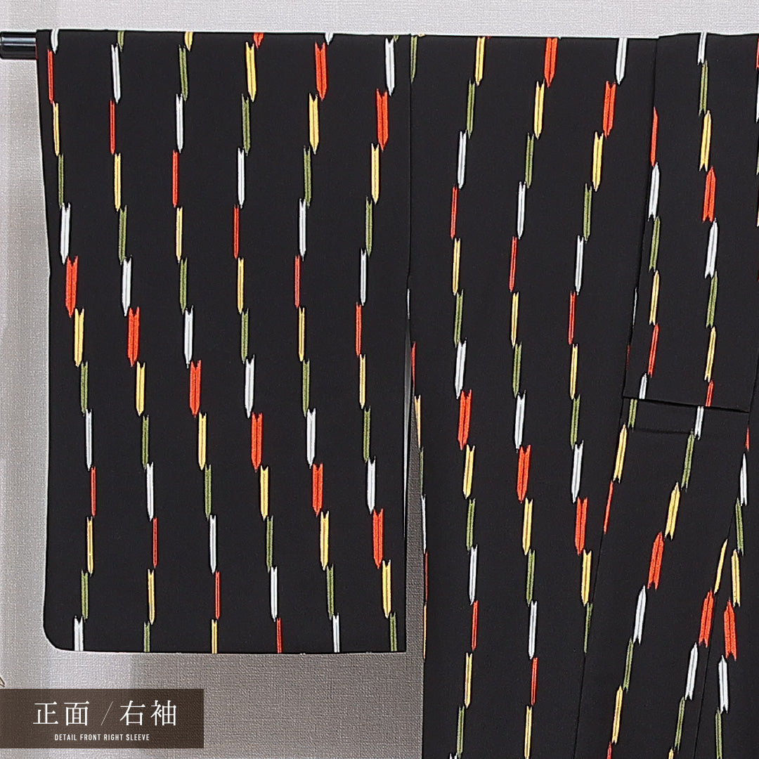 小紋 袷 身丈168cm 裄丈65cm 正絹 Sランク XLサイズ 広衿 インフォーマル 縞 黒系 多色系 1215-15485