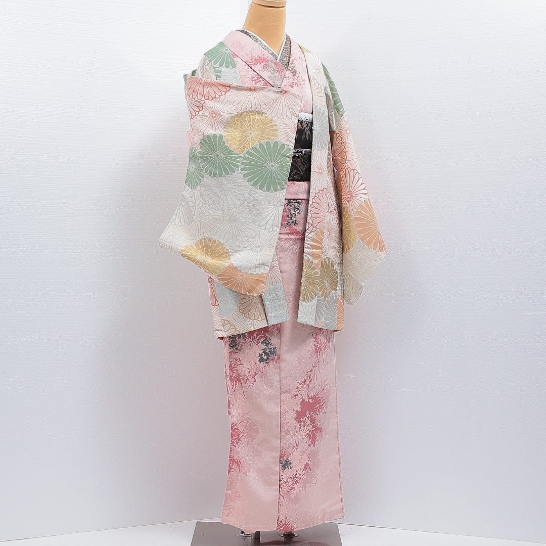 アンティーク 羽織 袷 身丈83cm 裄丈64cm 正絹 Bランク Mサイズ 菊 グレー系 M4 1232-16181