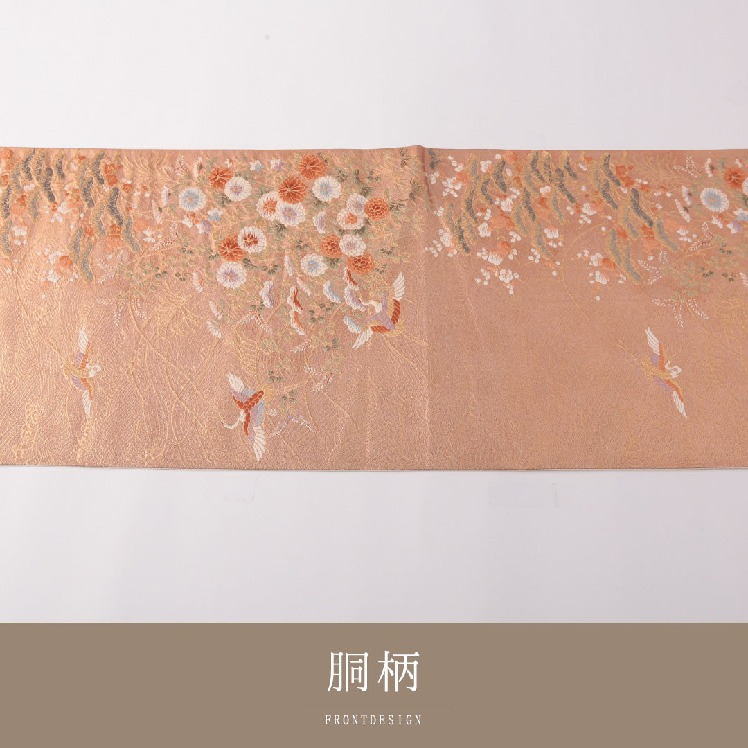 袋帯 帯丈436cm 正絹 六通 フォーマル ふくれ織 鶴 荒磯 吉祥文様 ピンク系 朱系 1243-01779