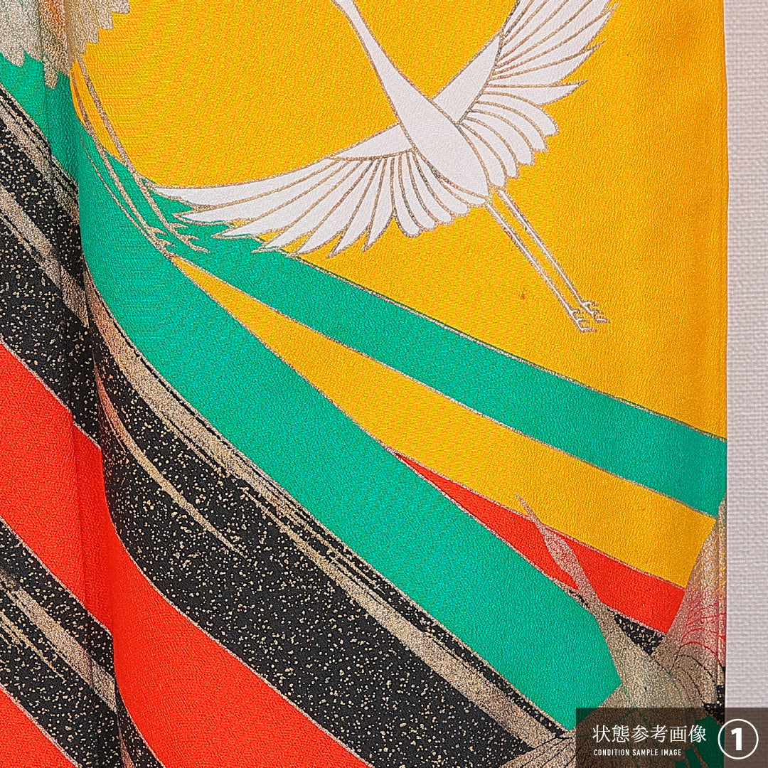 訪問着 洗える着物 単衣 身丈155cm 裄丈62cm ポリエステル Bランク Mサイズ バチ衿 セミフォーマル 鶴 黄系 1212-16336