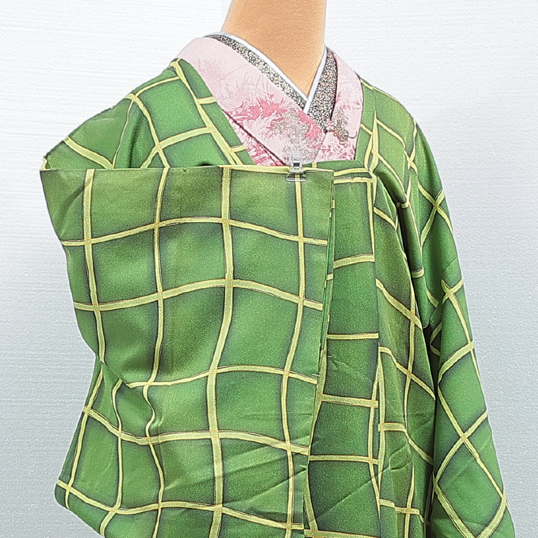 道行コート 洗える着物 袷 身丈81cm 裄丈65cm ポリエステル Aランク Mサイズ インフォーマル ポケットあり 格子 緑系 1263-16861