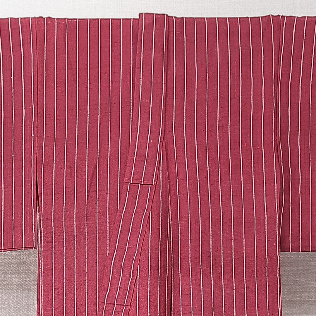 紬 袷 身丈138cm 裄丈58cm 正絹 Cランク XSサイズ バチ衿 カジュアル 居敷当て 肩当て 縞 赤系 1216-15232