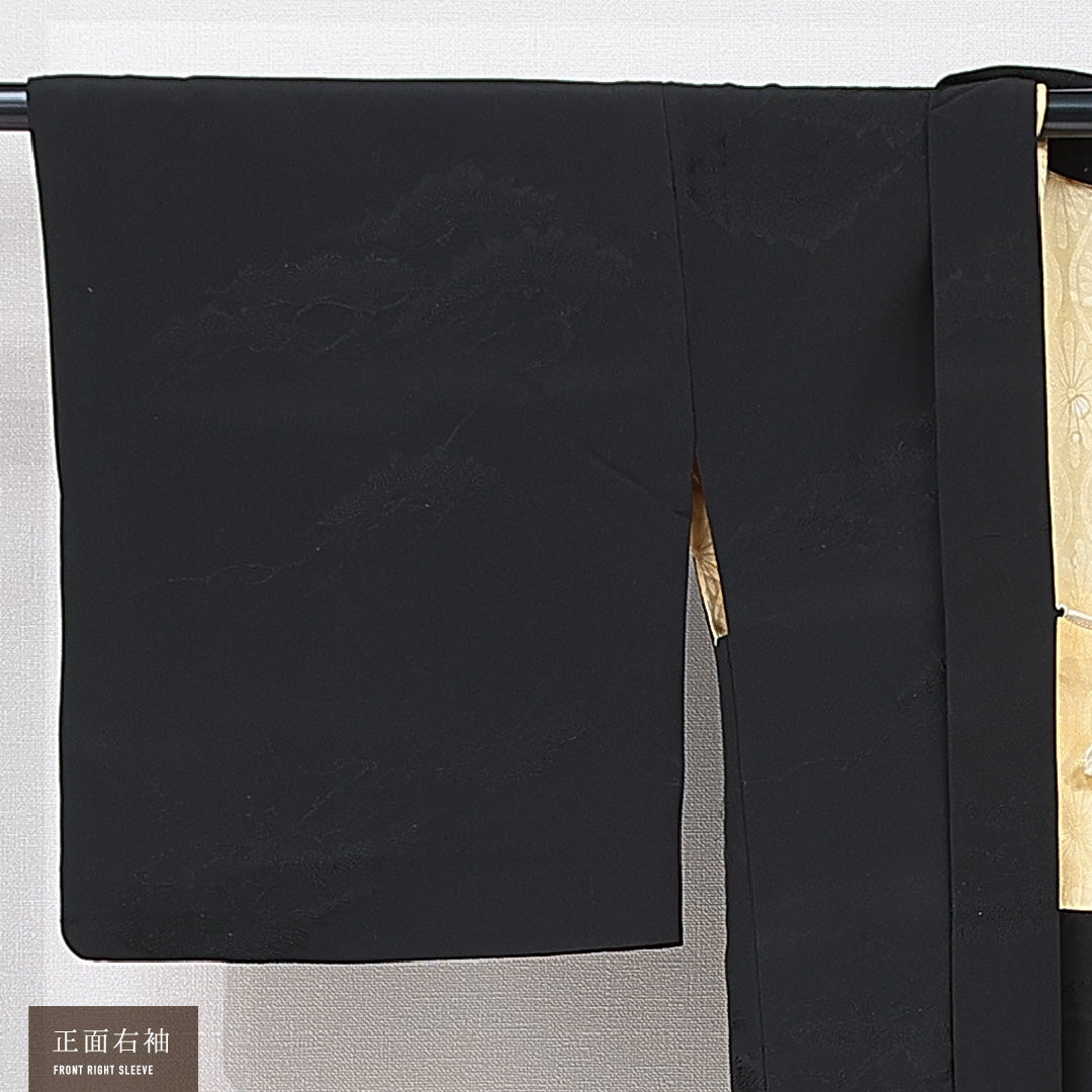 黒羽織 袷 身丈79cm 裄丈64cm 正絹 Sランク 一つ紋 (揚羽蝶) 紋意匠 (松) セミフォーマル Mサイズ 紐あり 黒系 RP 1233-15313
