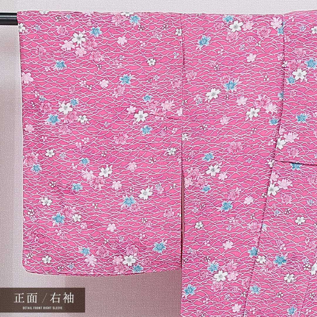洗える着物 小紋 袷 身丈158cm 裄丈64cm ポリエステル Sランク インフォーマル 広衿 Mサイズ 芝草 桜 ピンク系 RP 1221-16060