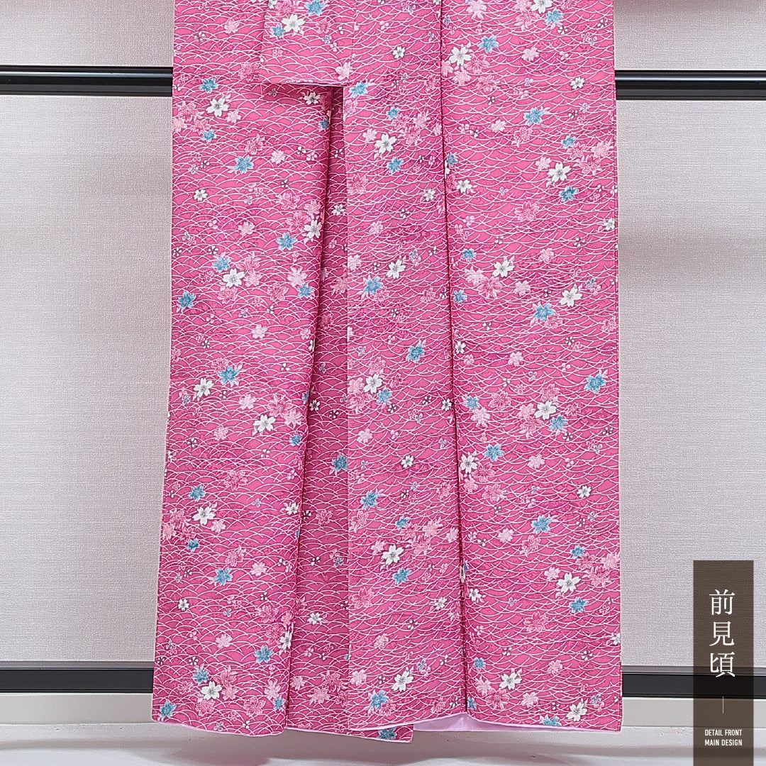 洗える着物 小紋 袷 身丈158cm 裄丈64cm ポリエステル Sランク インフォーマル 広衿 Mサイズ 芝草 桜 ピンク系 RP 1221-16060
