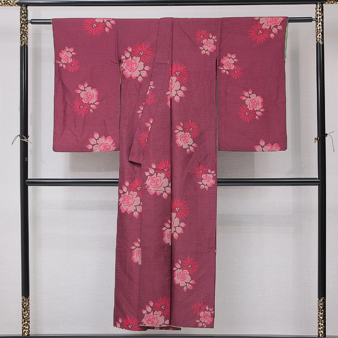 アンティーク お召 袷 身丈147cm 裄丈62cm 正絹 Aランク バチ衿 XSサイズ 薔薇 赤系 M4 1222-15141