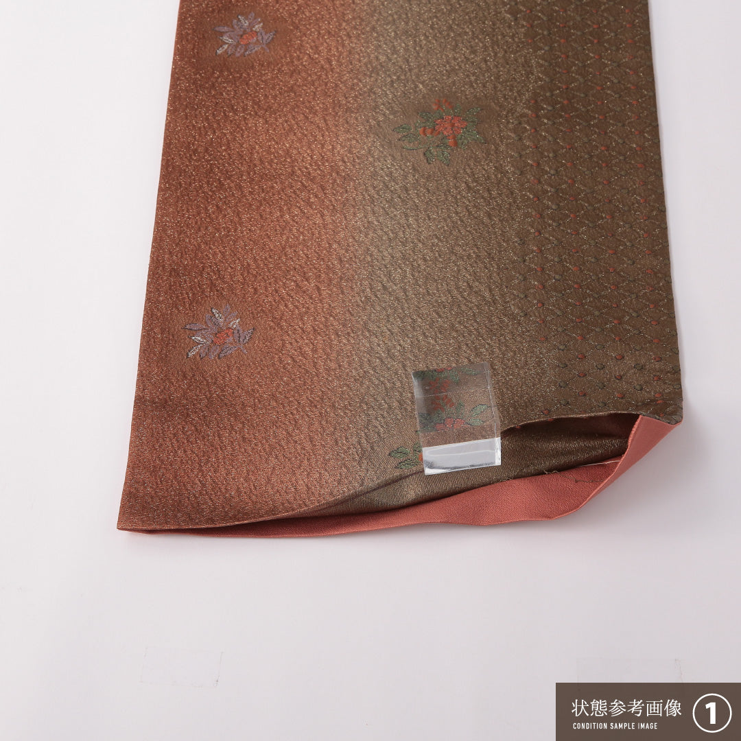 袋帯 帯丈432cm セミフォーマル 六通 Sランク 正絹 ふくれ織 椿 茶系 緑系 1223-01769