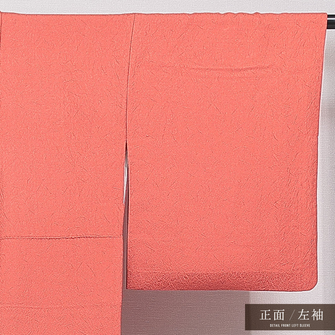 色無地 袷 身丈159cm 裄丈65cm 正絹 Sランク Mサイズ 広衿 一つ紋（丸に桔梗） セミフォーマル 紋意匠 創作柄 織り出し 赤系 朱系 1214-15653