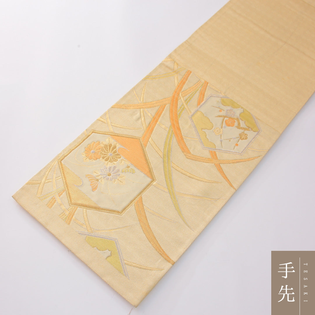 袋帯 帯丈416cm フォーマル 六通 Aランク 正絹 亀甲 菊 黄系 クリーム系 1223-02291