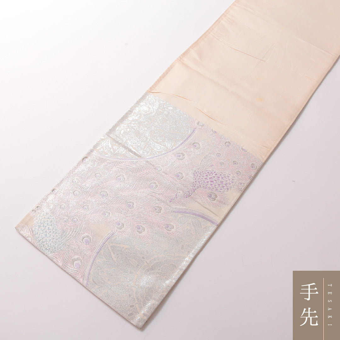 振袖用 袋帯 帯丈416cm 正絹 六通 鏡裏文 孔雀 銀系 クリーム系 1243-01790