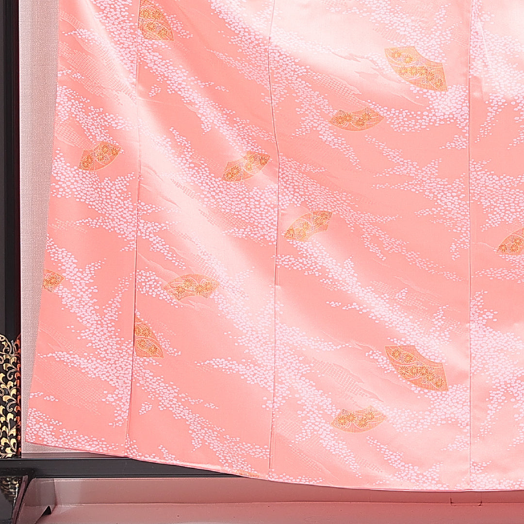小紋 袷 身丈163cm 裄丈65cm ポリエステル 洗える着物 Bランク インフォーマル バチ衿 Lサイズ 扇 菊 付下げ 可憐 古典的 ピンク系 HP 1221-16420