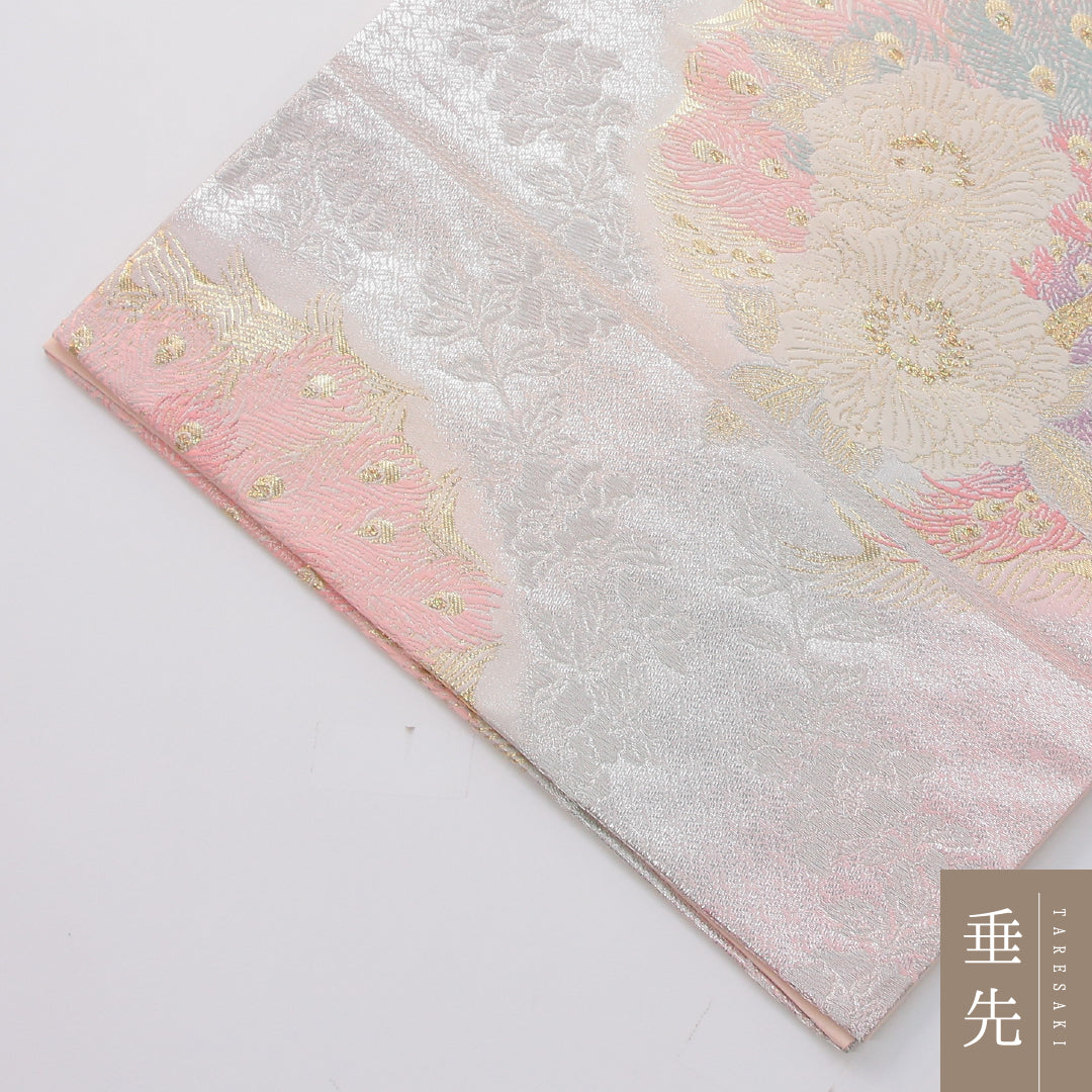 袋帯 帯丈428cm 正絹 六通 帯芯なし フォーマル 佐賀錦 孔雀 銀系 1243-02315