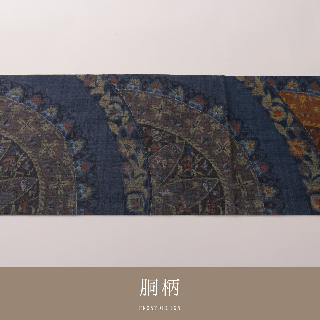 袋帯 帯丈440cm セミフォーマル 全通 帯芯なし Aランク 正絹 創作柄 ガード加工 紺系 多色系 1223-01905