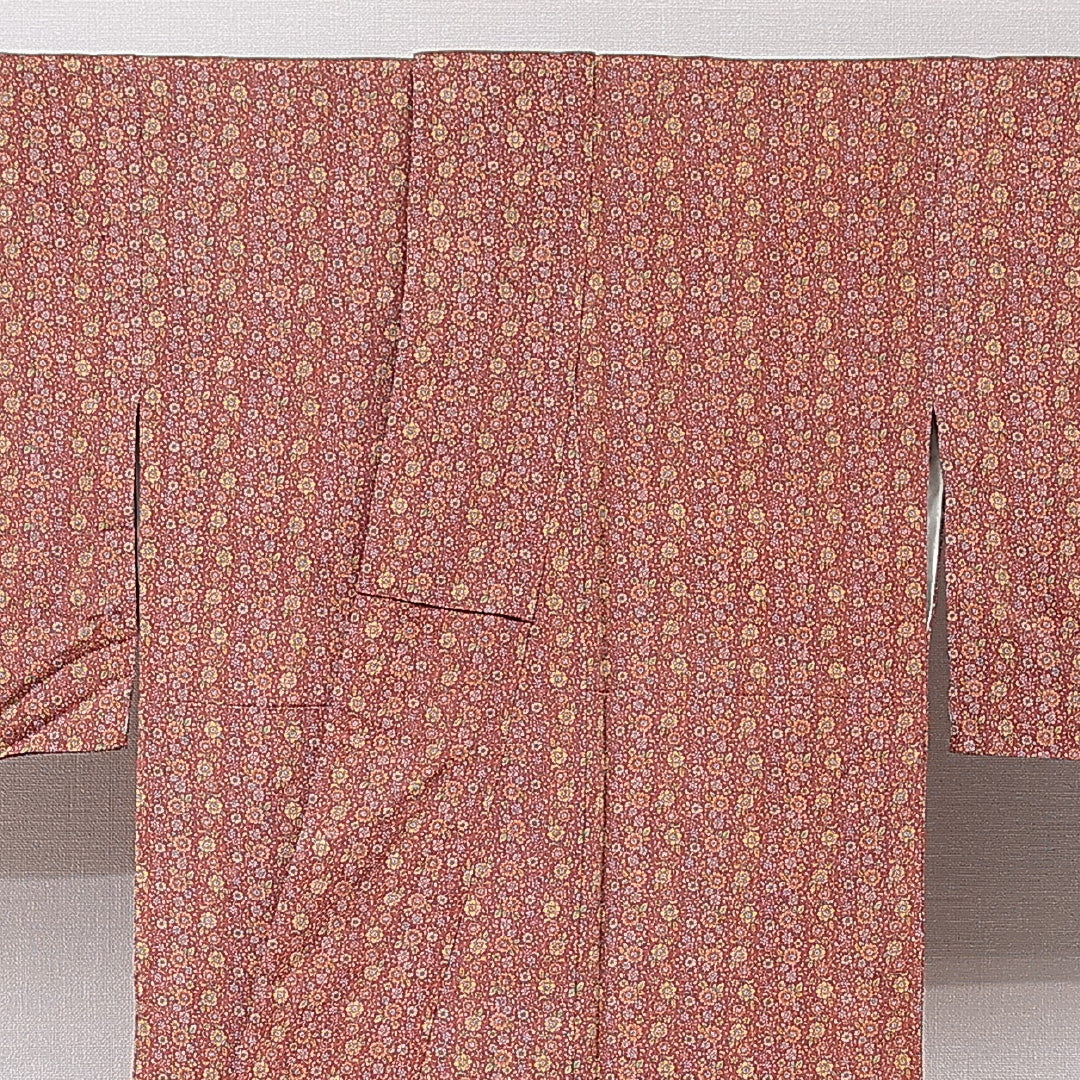 小紋 袷 身丈159cm 裄丈63cm 正絹 Aランク インフォーマル 広衿 Mサイズ 唐草 菊 茶系 RP 1221-15334