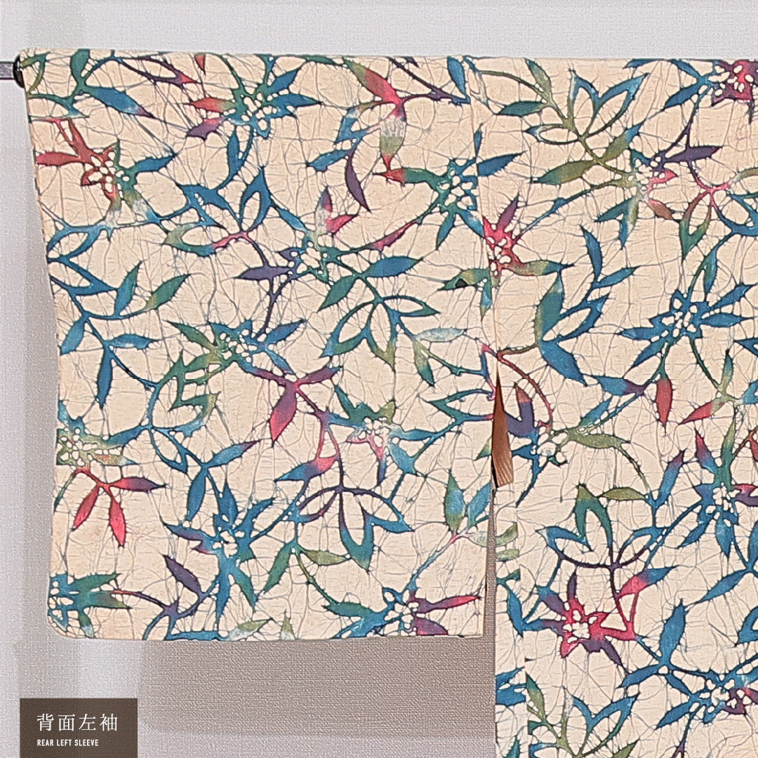 羽織 袷 身丈72cm 裄丈65cm 正絹 Aランク Mサイズ カジュアル 紐あり 植物柄 クリーム系 1217-15121