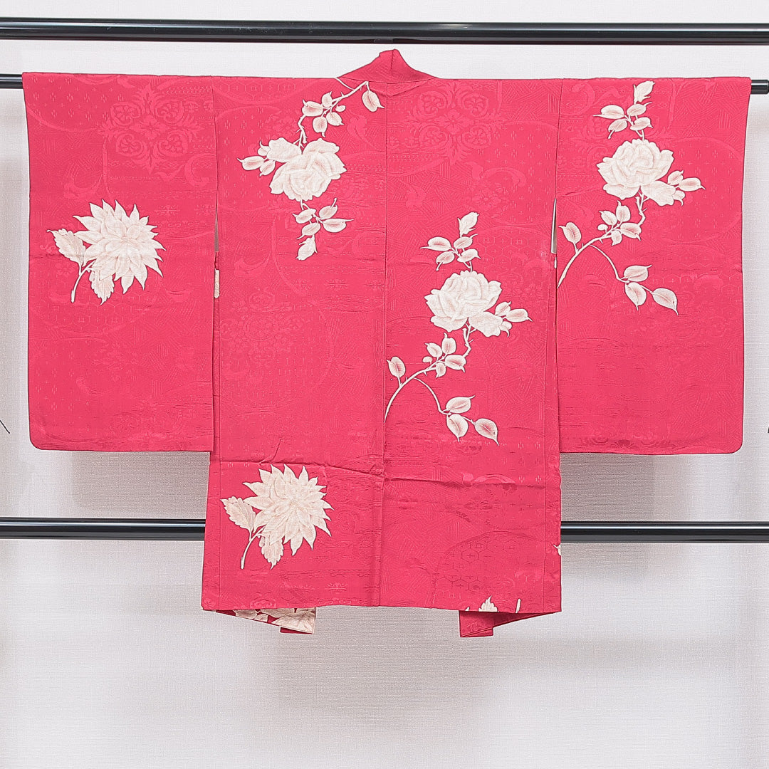 アンティーク 羽織 袷 身丈93cm 裄丈62cm 正絹 Bランク Sサイズ 紋意匠 吉祥文様 薔薇 ピンク系 1217-16837