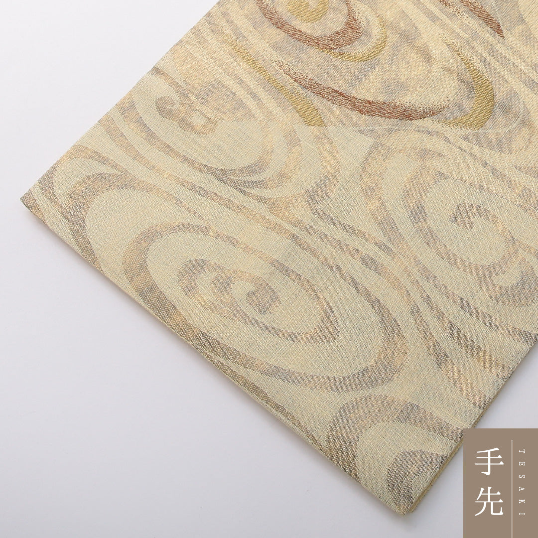 袋帯 帯丈442cm セミフォーマル 六通 Sランク 正絹 渦巻 クリーム系 1223-02080