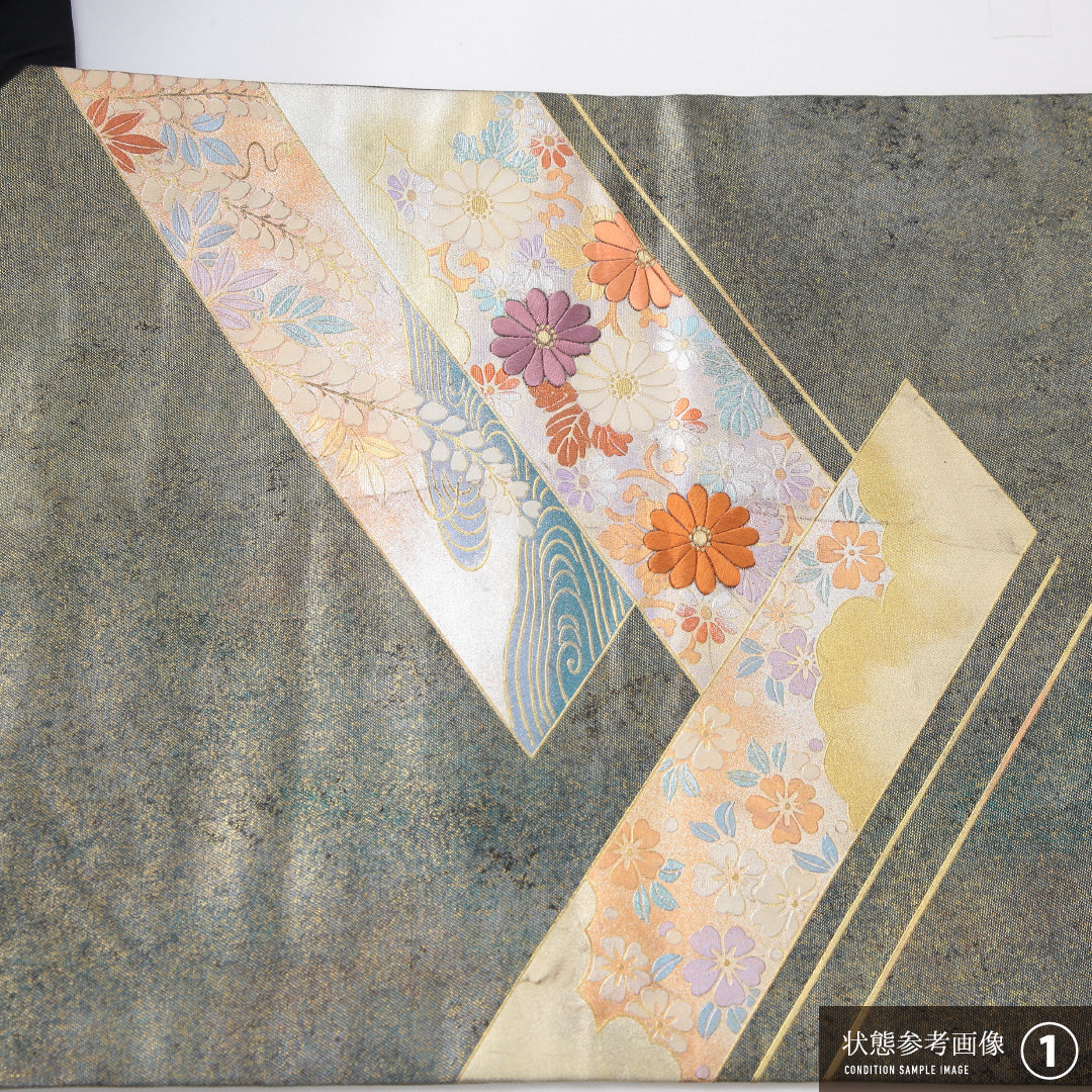 九寸名古屋帯 Bランク 帯丈347cm 正絹 ポイント柄 名古屋仕立て 織り セミフォーマル 色紙重ね 黒系 HP 1245-04070