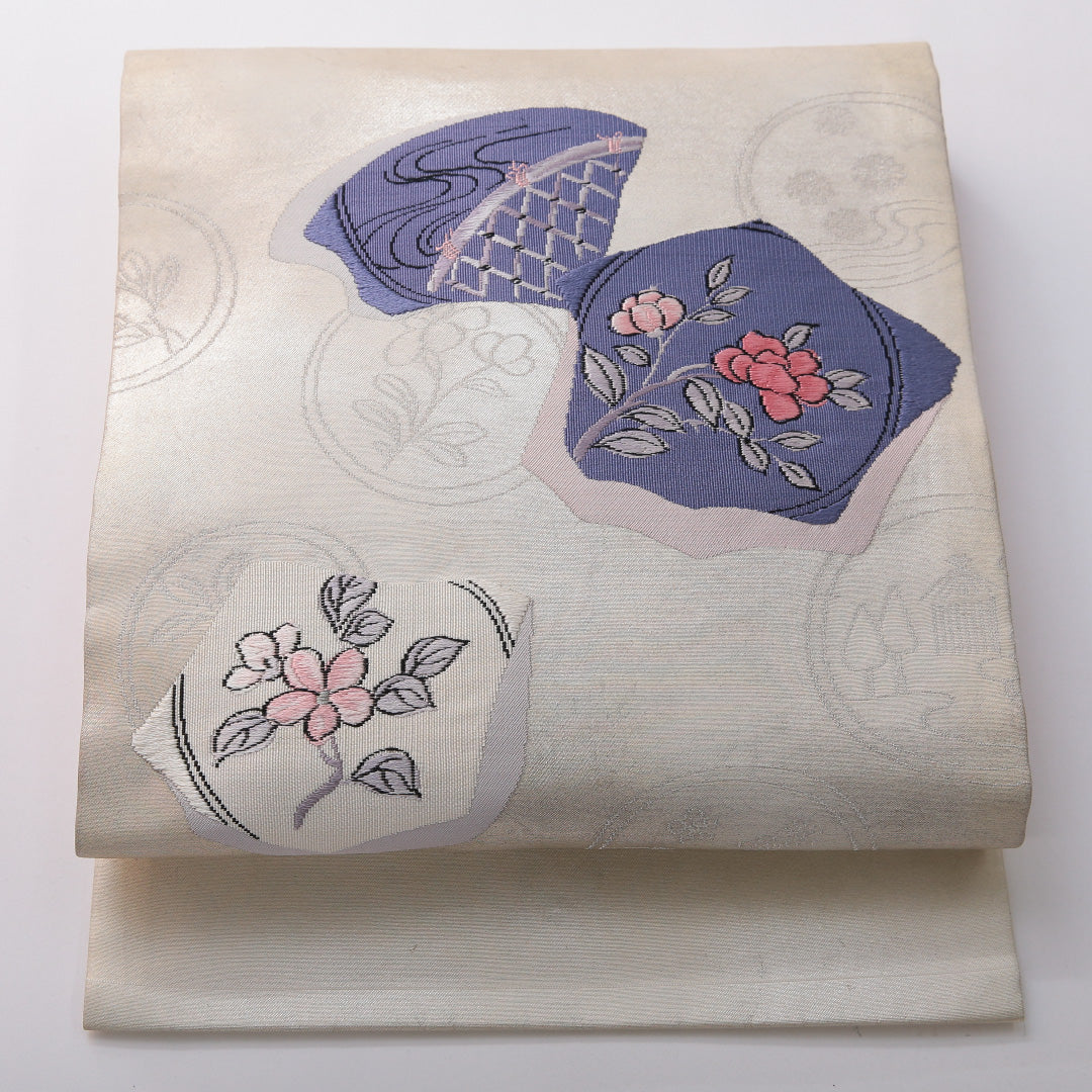 九寸名古屋帯 帯丈348cm セミフォーマル 名古屋仕立て ポイント柄 Cランク 正絹 花柄 クリーム系 1224-03510