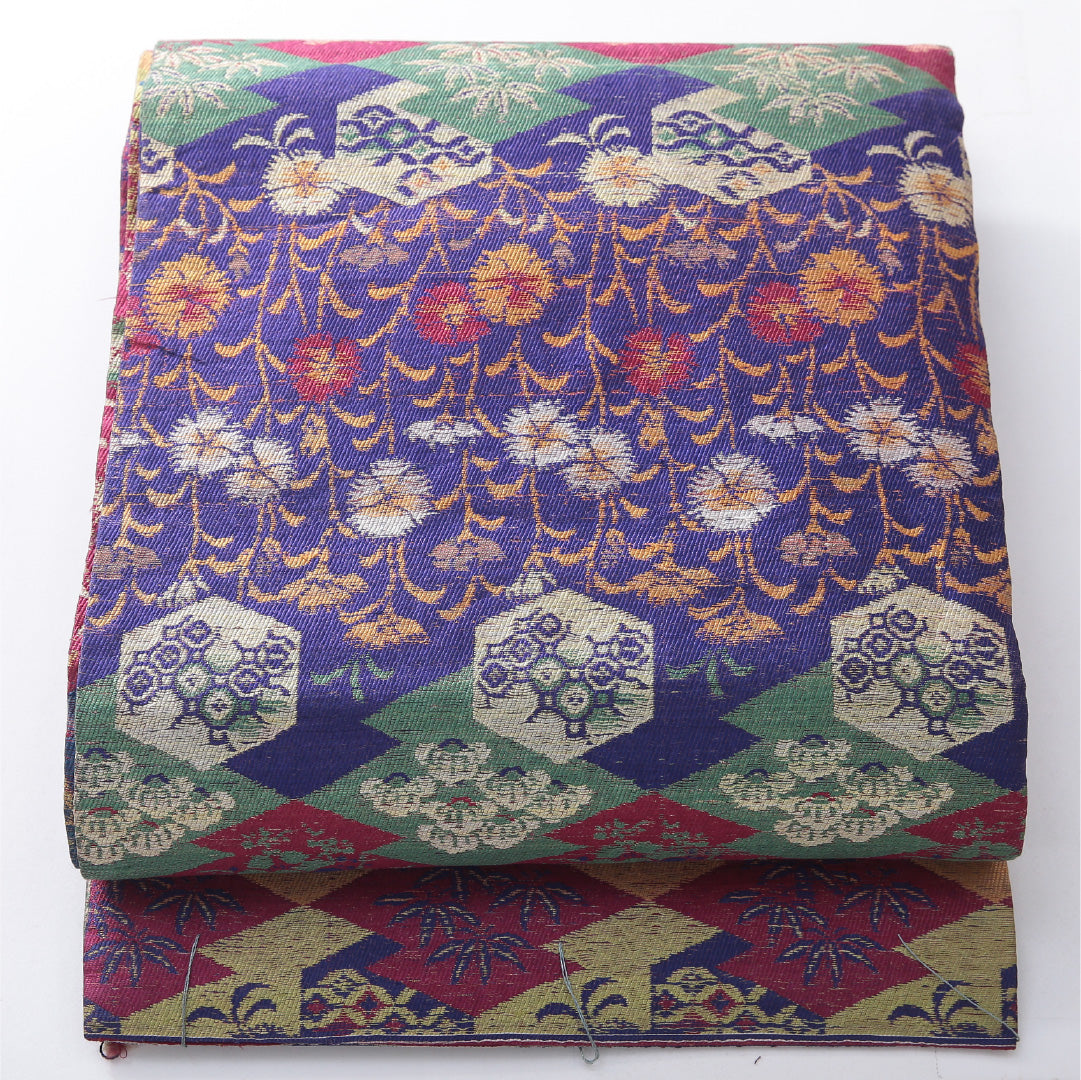 アンティーク 九寸名古屋帯 帯丈376cm 開き仕立て 全通 Dランク 正絹 蒲公英 吉祥文様 多色系 1224-03884