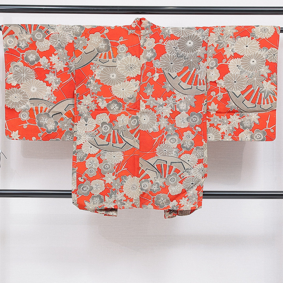 アンティーク 羽織 袷 身丈87cm 裄丈67cm 正絹 Bランク Mサイズ ちりめん 菊 赤系 1217-16813