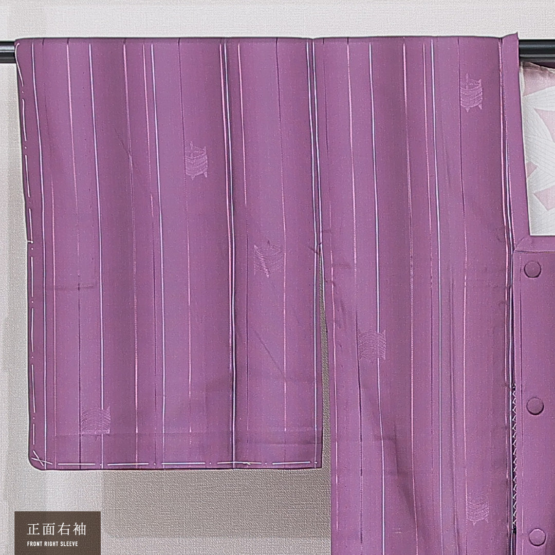 道行コート 単衣 身丈124cm 裄丈64cm 正絹 Sランク Mサイズ ポケットあり 縞 紫系 RP 1237-15174