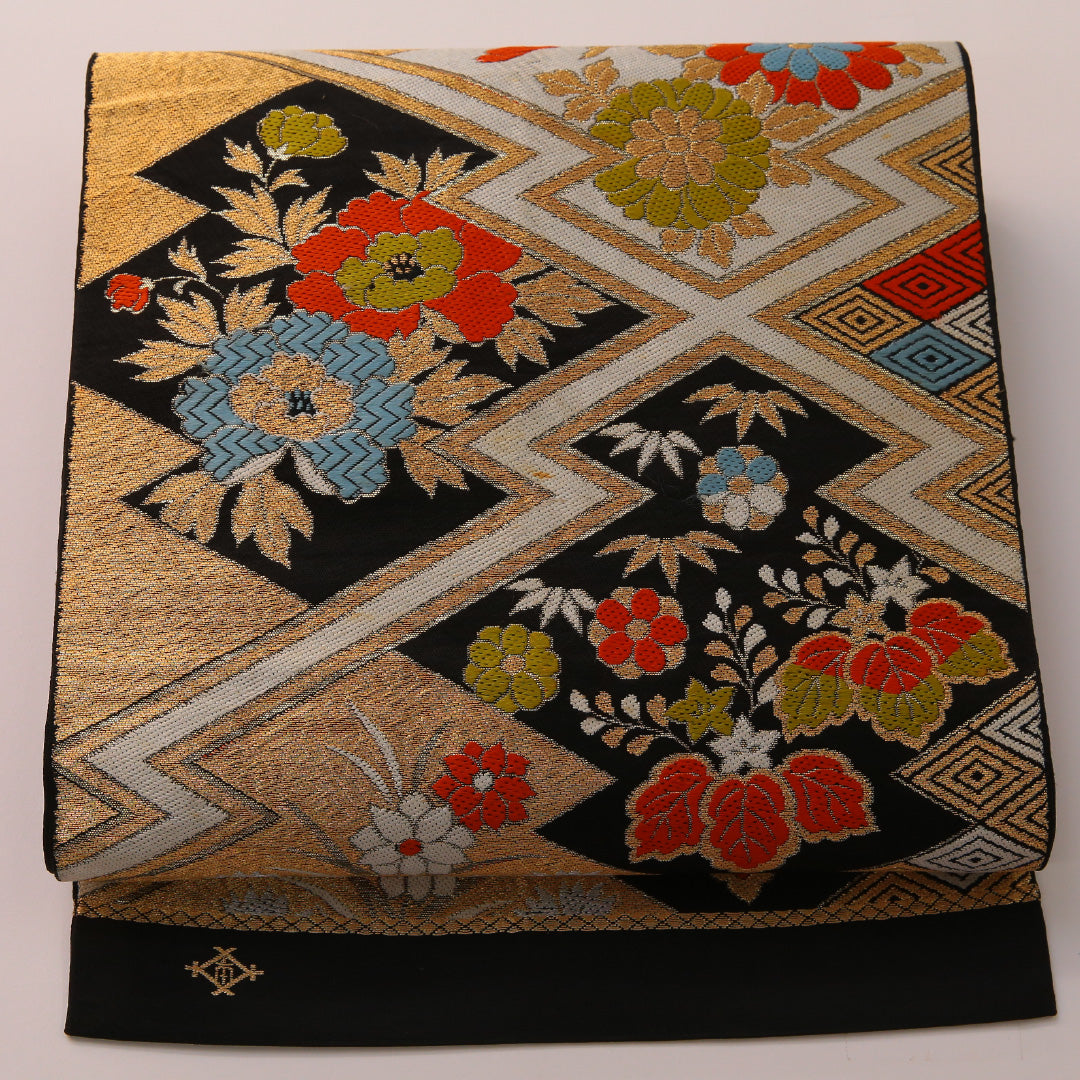 袋帯 帯丈412cm フォーマル 六通 未仕立て 帯芯なし Bランク 正絹 吉祥文様 松皮菱 黒系 金系 1223-01892