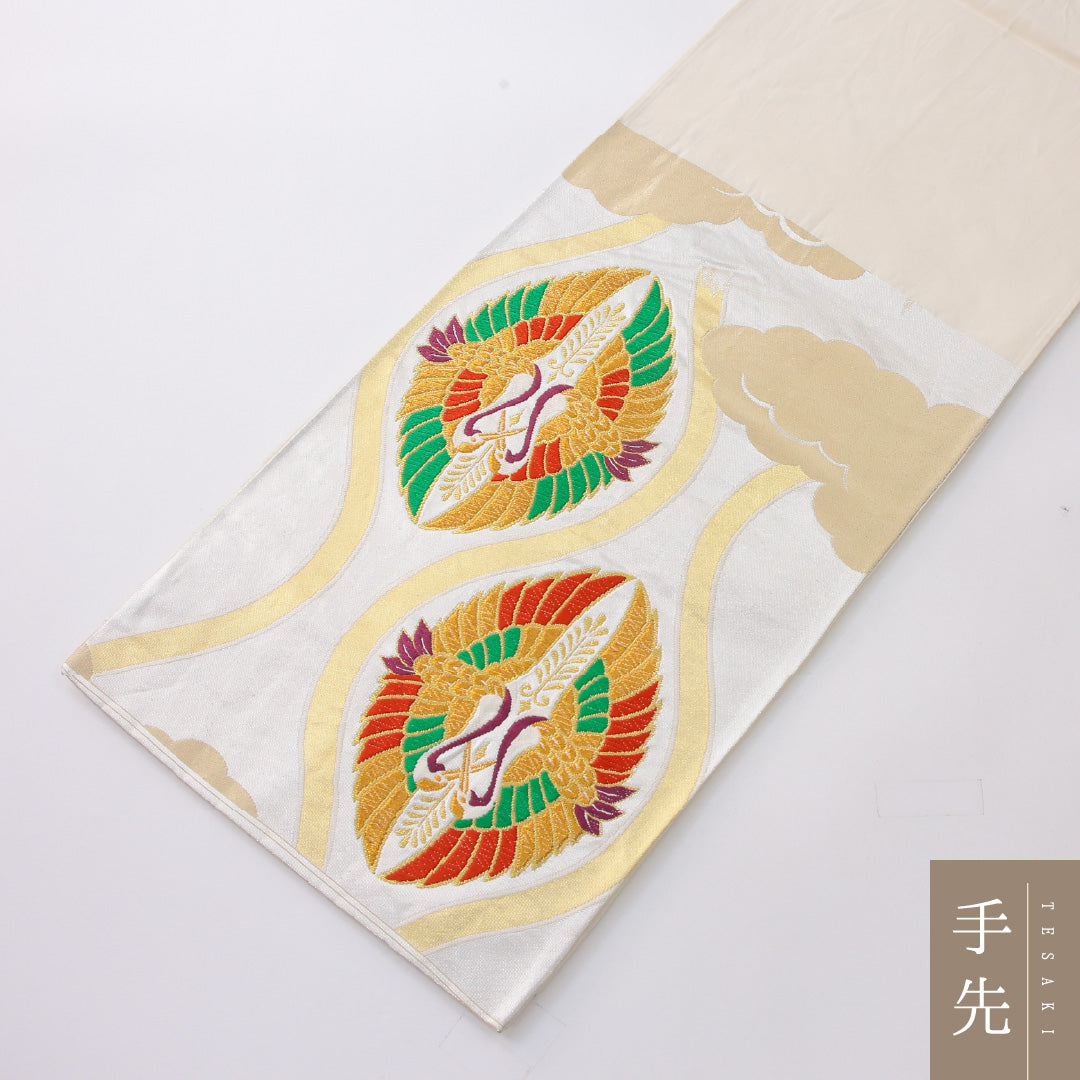 袋帯 帯丈420cm フォーマル 六通 帯芯なし Sランク 正絹 向かい鳥 よろけ縞 白系 1223-02245